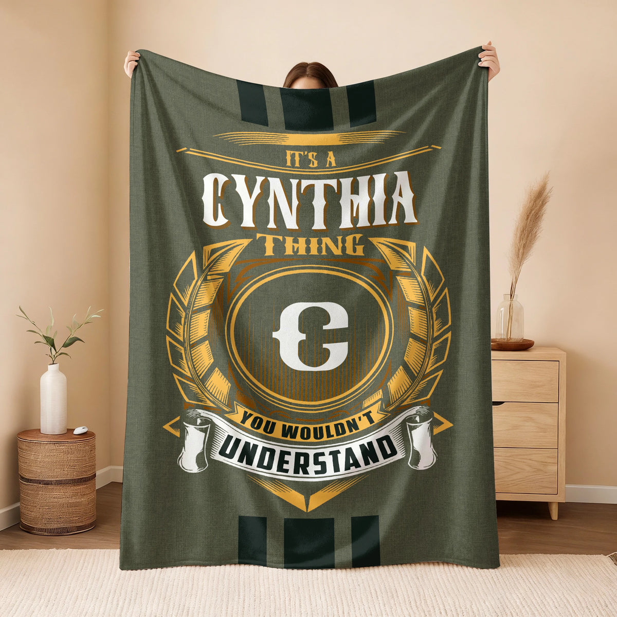 It's A Your Name Thing Olive Green Logo Fleece Blanket CYNTHIA 13K1 BK31