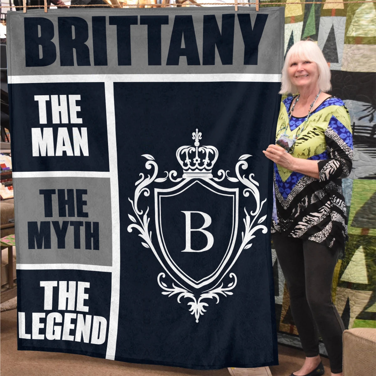 The Man The Myth The Legend Navy Gray & Gold Fleece Blanket  BRITTANY 13K1 BK09