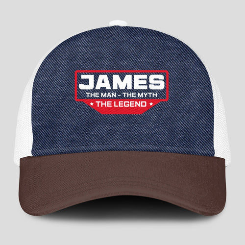 The Man The Myth The Legend Navy Brown And White Mesh Cap JAMES 13K1 C200PF