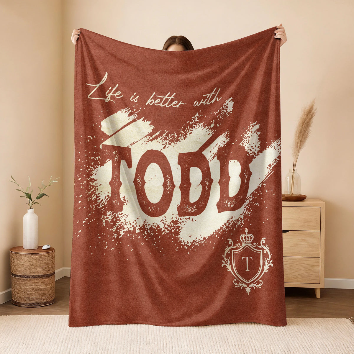 Life Is Better With Your Name Terracotta Cream Fleece Blanket TODD 13K1 BK30