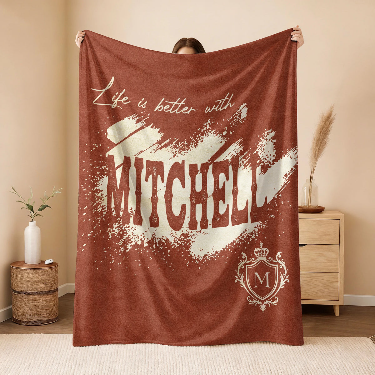 Life Is Better With Your Name Terracotta Cream Fleece Blanket MITCHELL 13K1 BK30