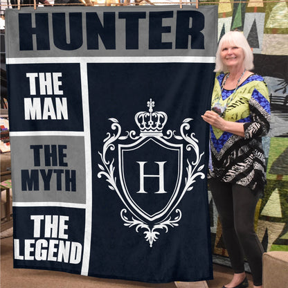 The Man The Myth The Legend Navy Gray & Gold Fleece Blanket  HUNTER 13K1 BK09