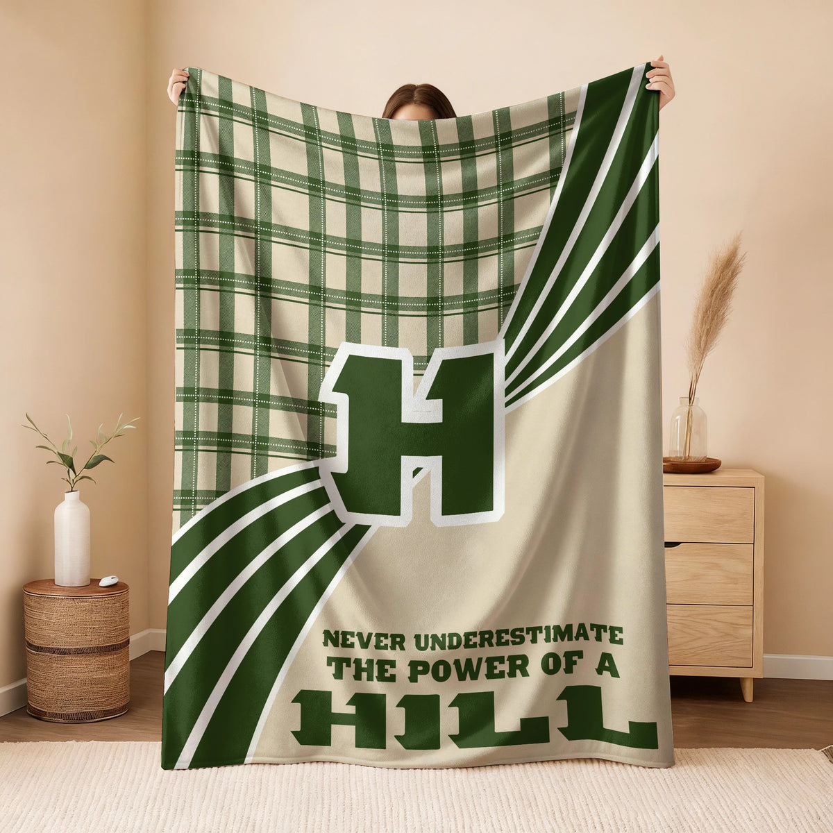 Never Underestimate Your Name Green & Cream Plaid Fleece Blanket HILL 13K1 BK50