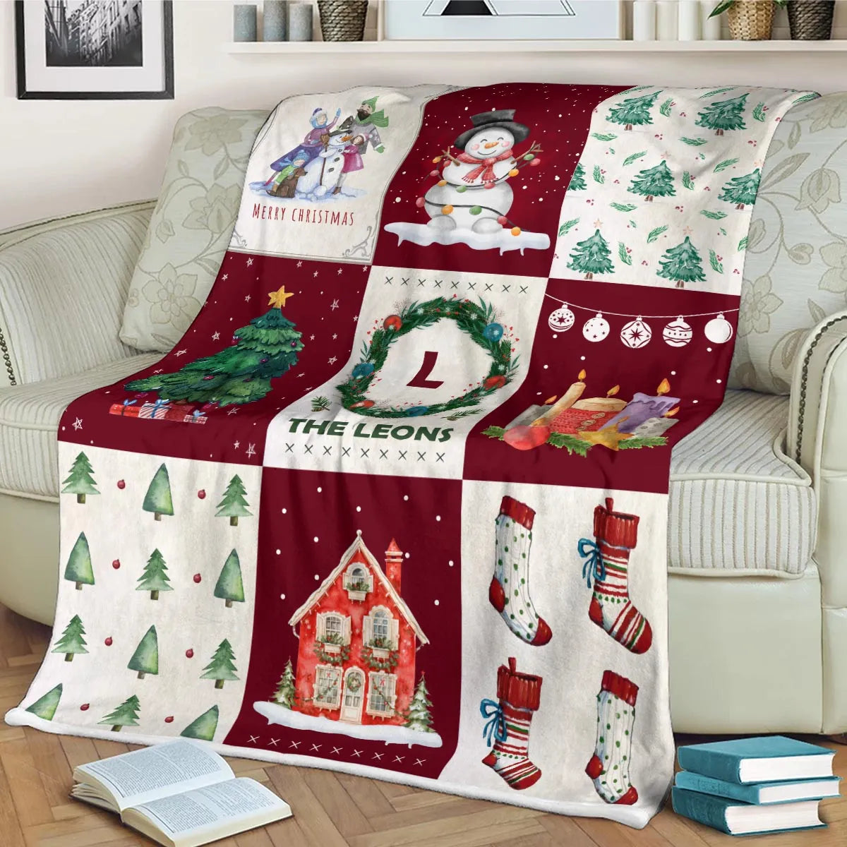 LEON Christmas Blanket – Personalized Family Name Holiday Quilt Throw 13K1-BK1
