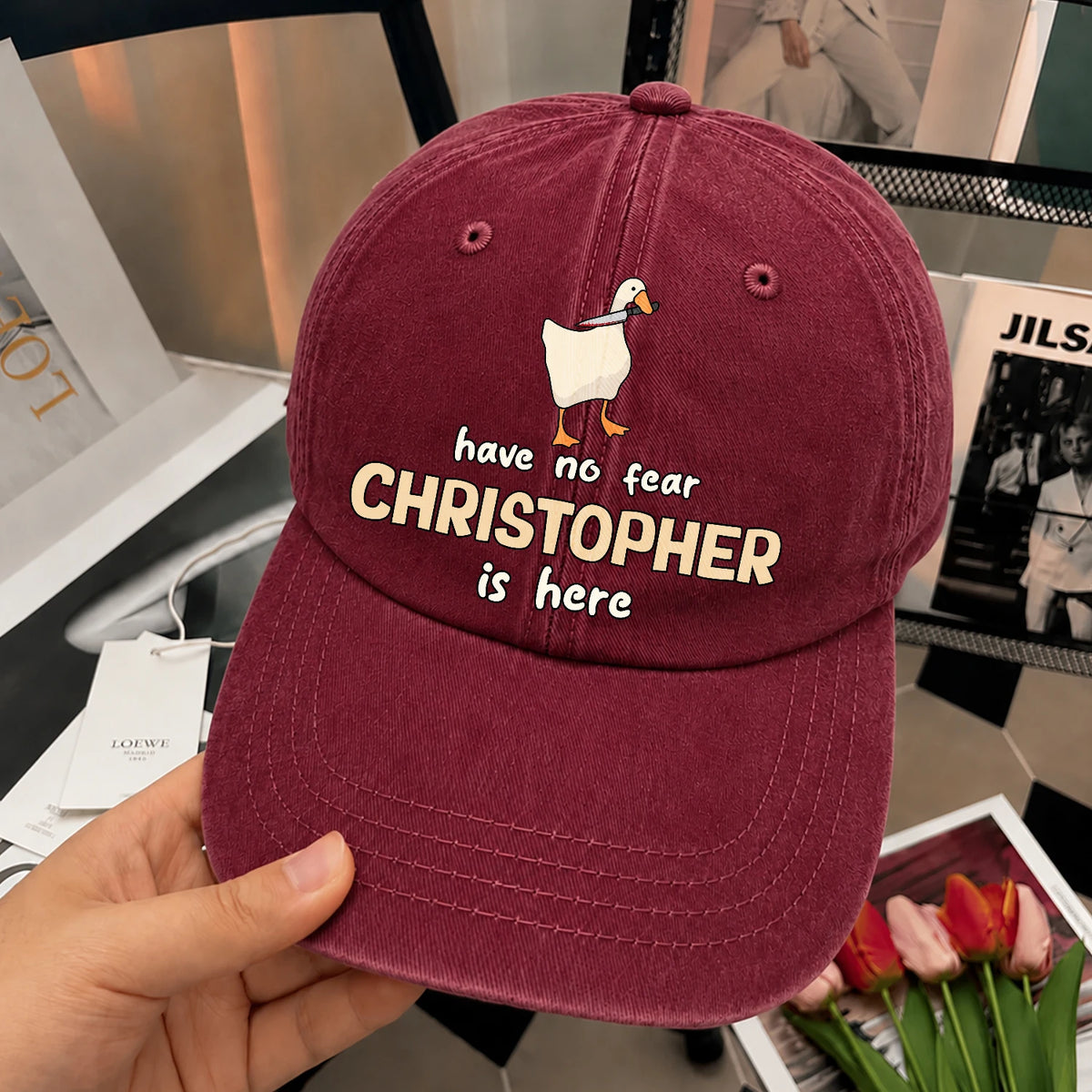 Have No Fear Your Name Is Here Funny Goose Burgundy Washed Cap CHRISTOPHER 13K1 C127PF