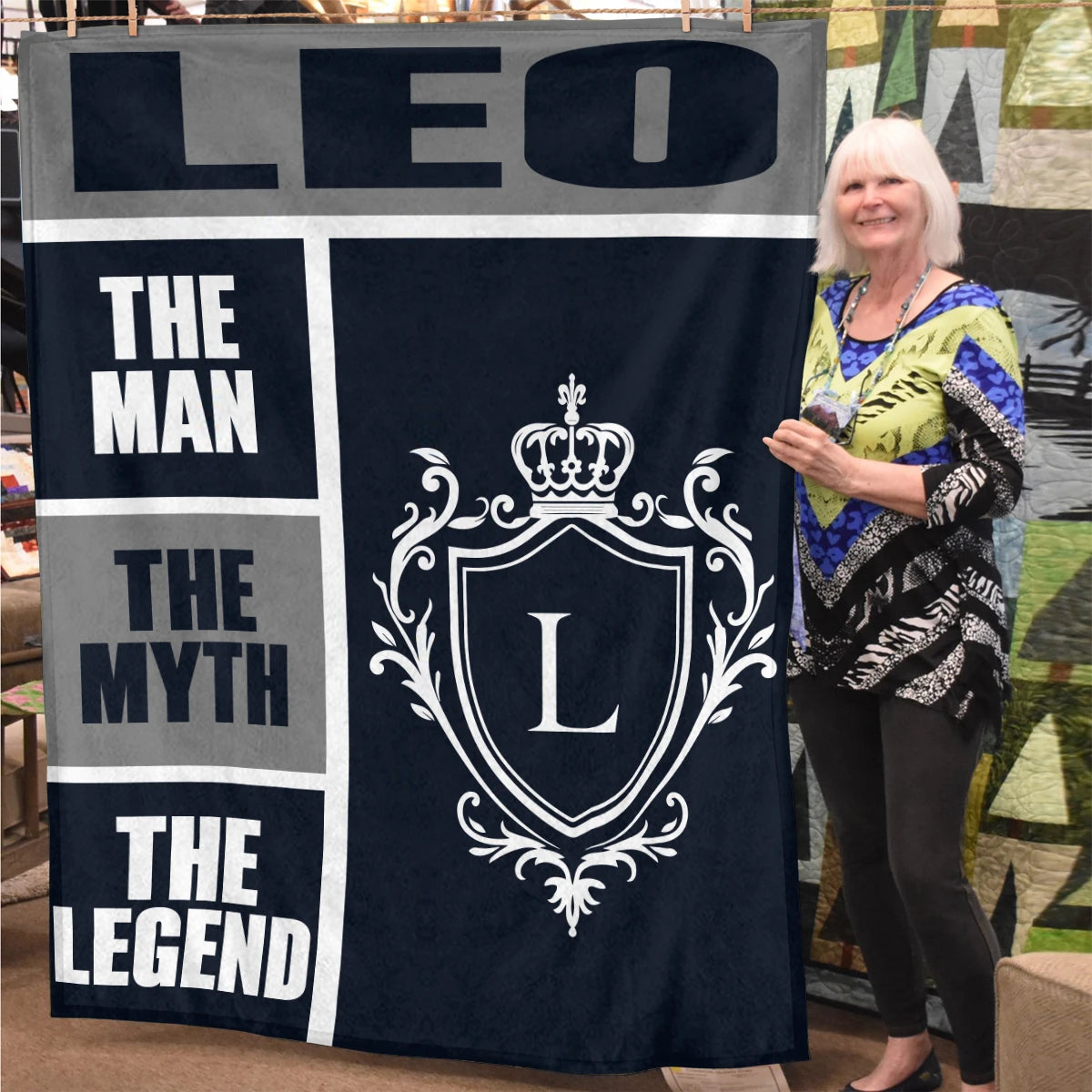 The Man The Myth The Legend Navy Gray & Gold Fleece Blanket  LEO 13K1 BK09