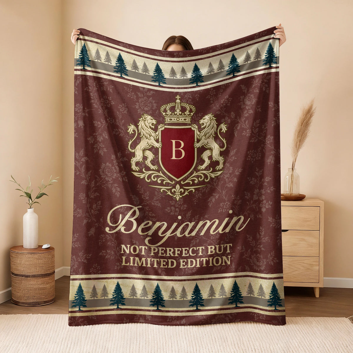 Not Perfect But Limited Edition Burgundy Pine Tree Fleece Blanket BENJAMIN 13K1 BK41