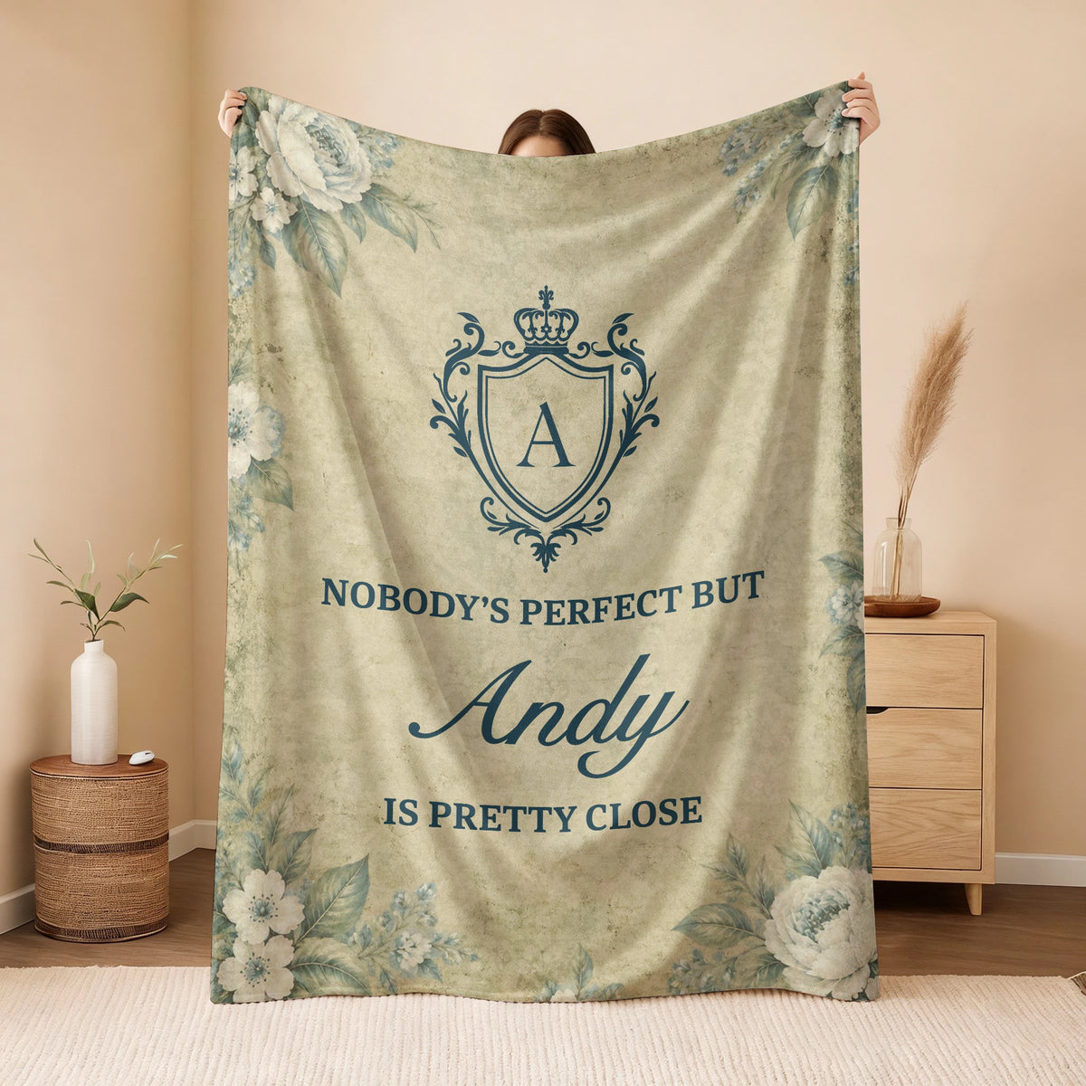 Nobody's Perfect But Your Name Is Pretty Close Green Floral Fleece Blanket ANDY 13K1 BK39