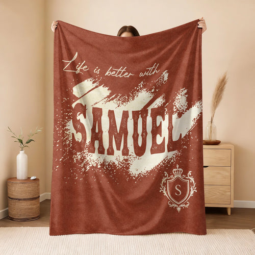 Life Is Better With Your Name Terracotta Cream Fleece Blanket SAMUEL 13K1 BK30