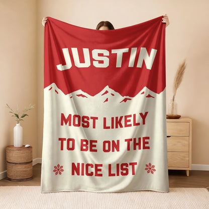 Most Likely on the Nice List Red Vintage Christmas Fleece Blanket JUSTIN 13K1 BK63