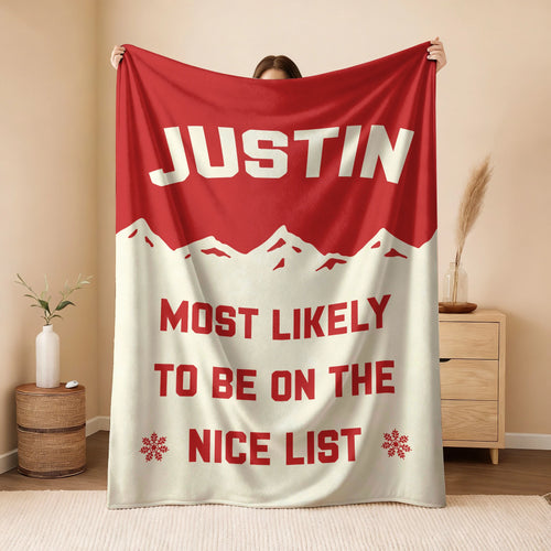 Most Likely on the Nice List Red Vintage Christmas Fleece Blanket JUSTIN 13K1 BK63