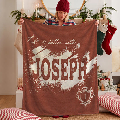 Life Is Better With Your Name Terracotta Cream Fleece Blanket JOSEPH 13K1 BK30