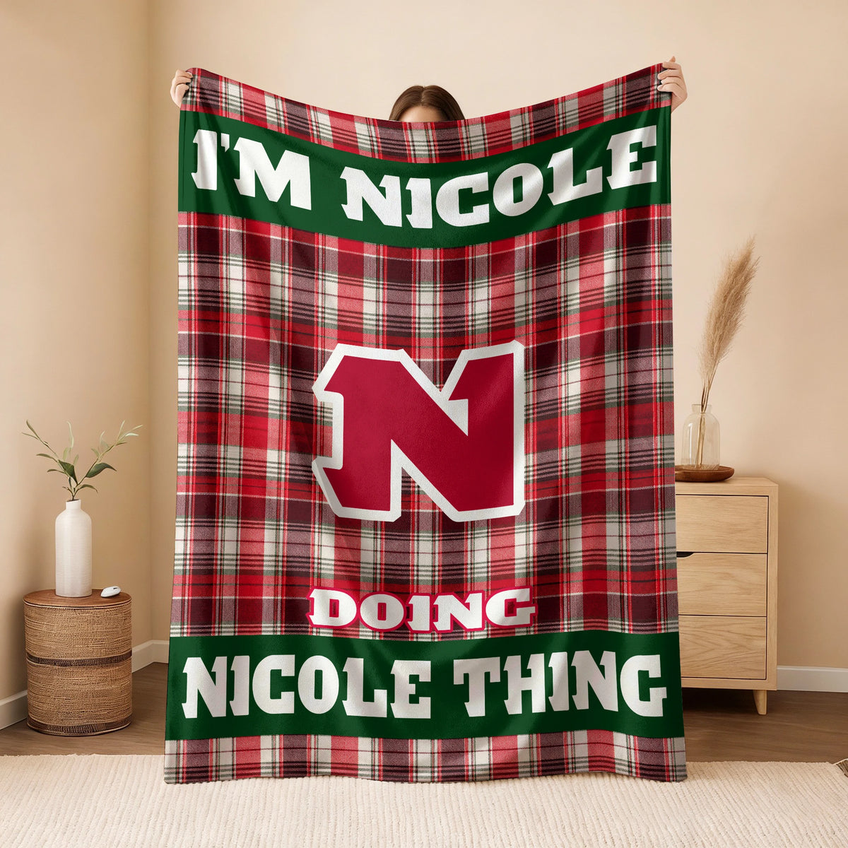 I'm Name Doing Name Things Red Plaid Fleece Blanket NICOLE 13K1 BK49