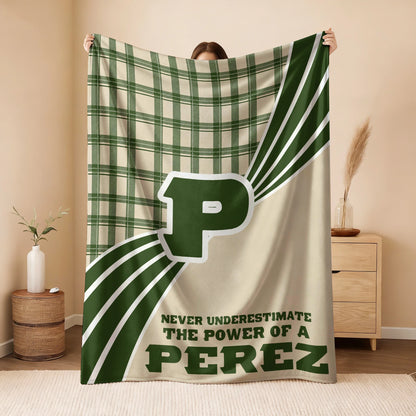 Never Underestimate Your Name Green & Cream Plaid Fleece Blanket PEREZ 13K1 BK50