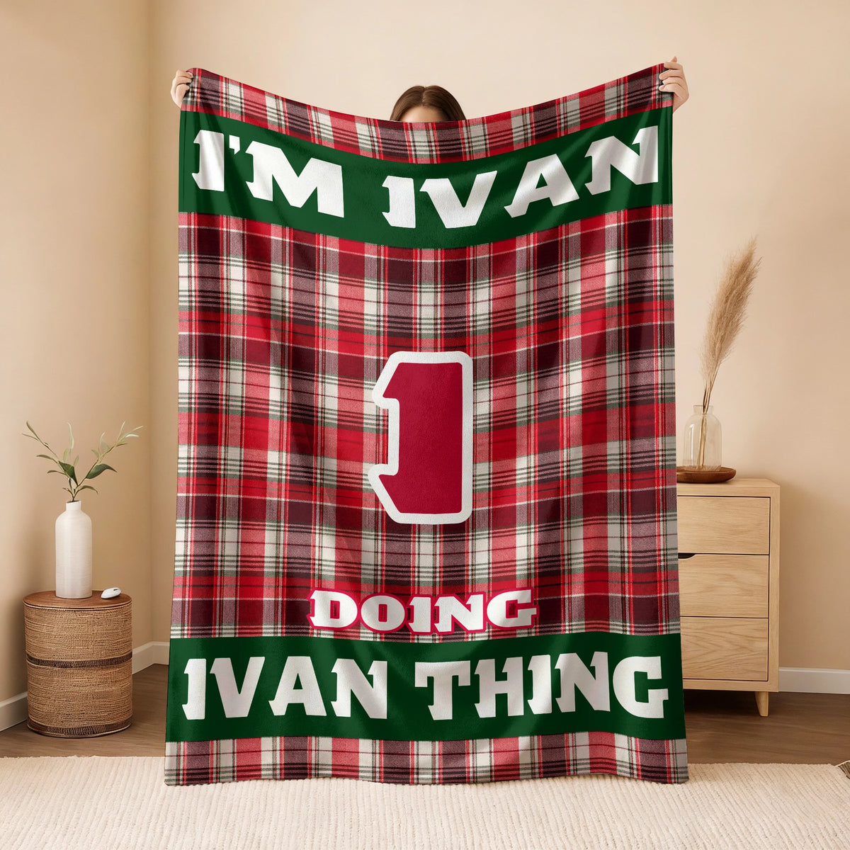 I'm Name Doing Name Things Red Plaid Fleece Blanket IVAN 13K1 BK49