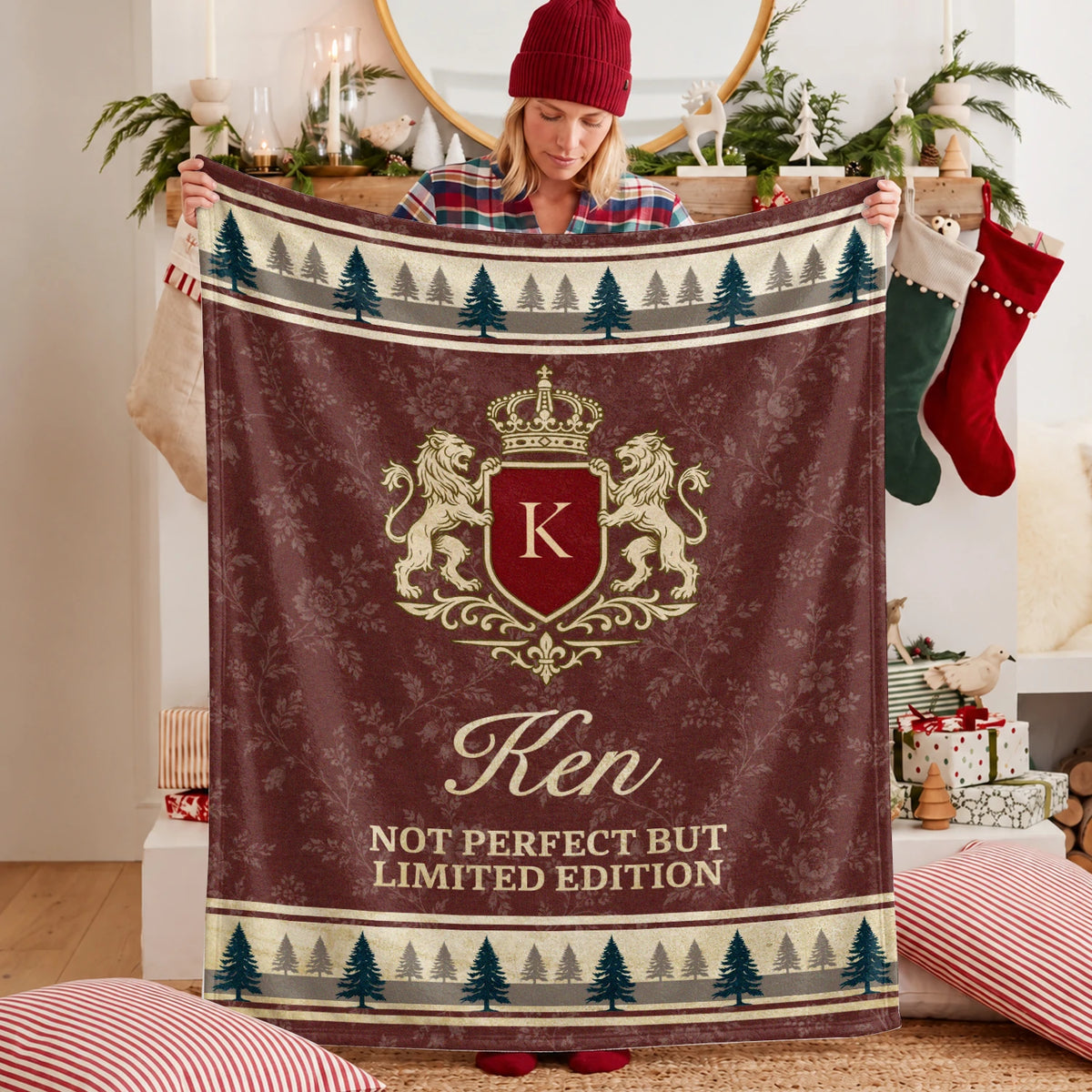 Not Perfect But Limited Edition Burgundy Pine Tree Fleece Blanket KEN 13K1 BK41