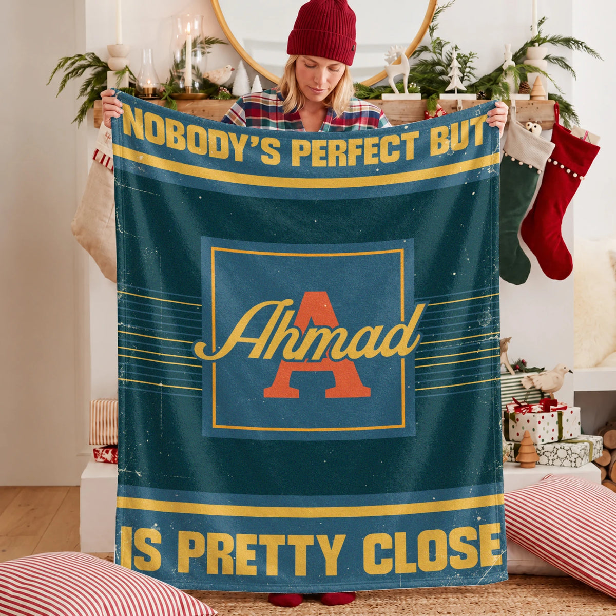 Nobody's Perfect But Your Name Is Close Vintage Blue & Brown Fleece Blanket AHMAD 13K1 BK54