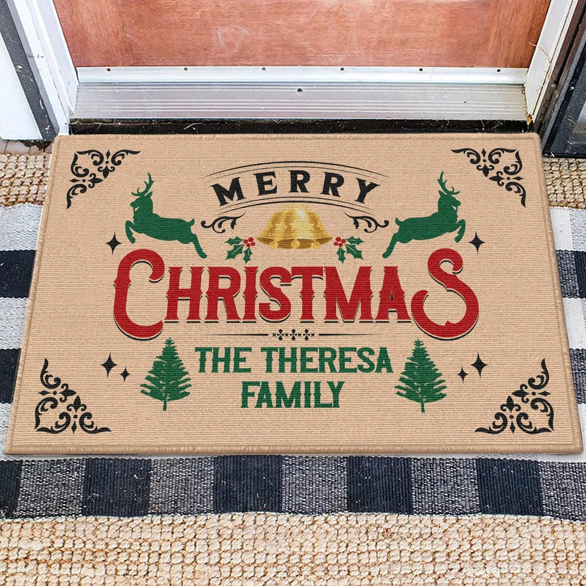 THERESA Family Merry Christmas Doormat – Personalized Holiday Welcome Mat