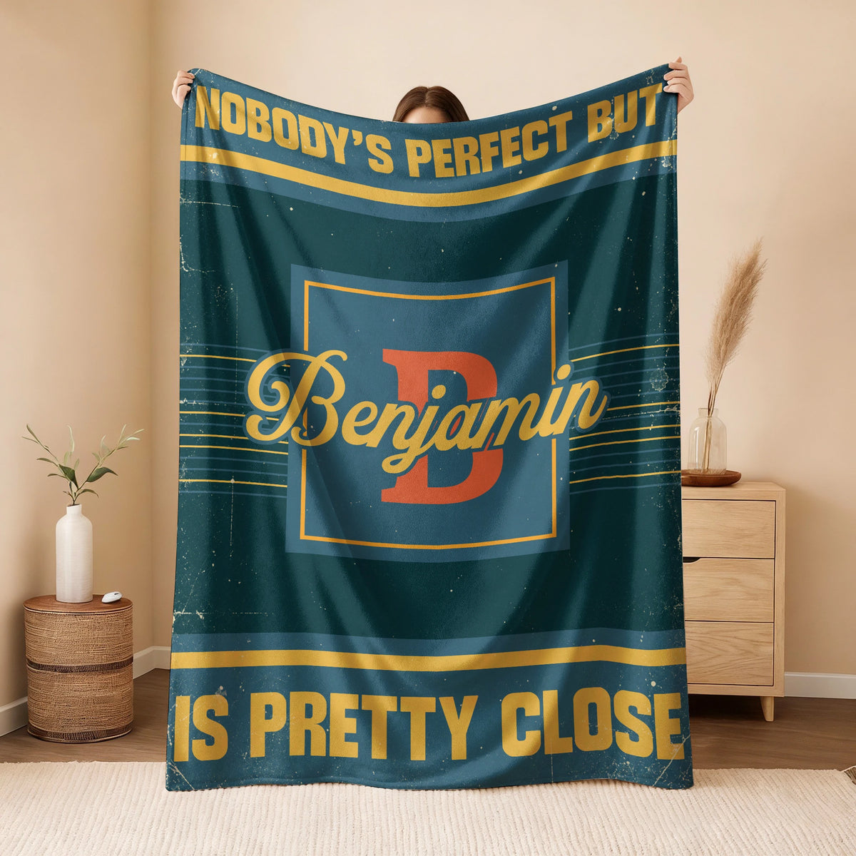 Nobody's Perfect But Your Name Is Close Vintage Blue & Brown Fleece Blanket BENJAMIN 13K1 BK54
