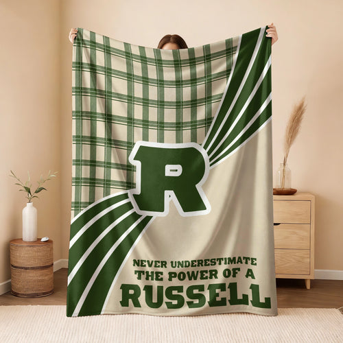 Never Underestimate Your Name Green & Cream Plaid Fleece Blanket RUSSELL 13K1 BK50