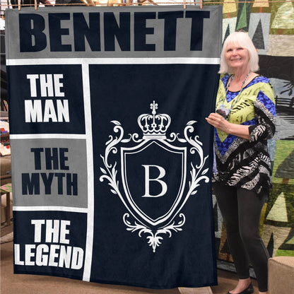 The Man The Myth The Legend Navy Gray & Gold Fleece Blanket  BENNETT 13K1 BK09