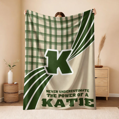 Never Underestimate Your Name Green & Cream Plaid Fleece Blanket KATIE 13K1 BK50