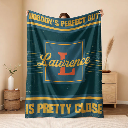 Nobody's Perfect But Your Name Is Close Vintage Blue & Brown Fleece Blanket LAWRENCE 13K1 BK54