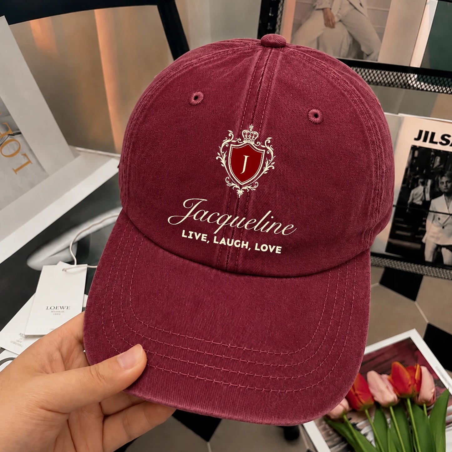Live Laugh Love Elegant Burgundy Washed Cap JACQUELINE 13K1 C89PF
