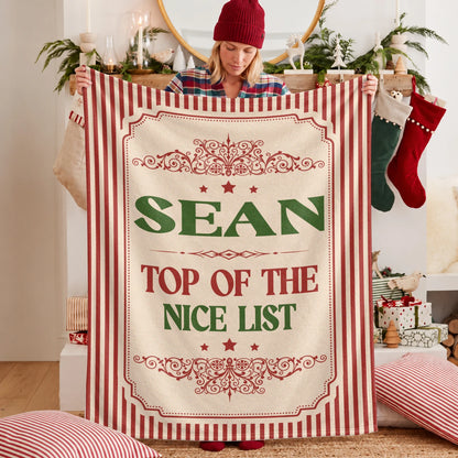Your Name Nice List Red Striped Christmas Fleece Blanket SEAN 13K1 BK60