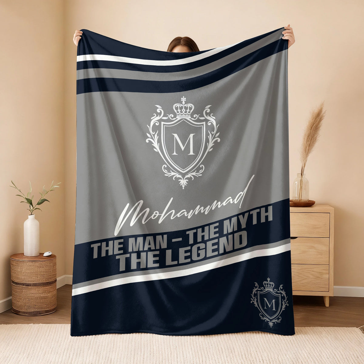 The Man The Myth The Legend Navy Gray Fleece Blanket MOHAMMAD 13K1 BK13