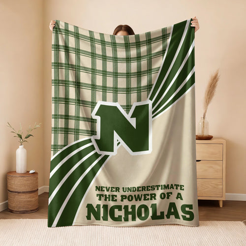 Never Underestimate Your Name Green & Cream Plaid Fleece Blanket NICHOLAS 13K1 BK50