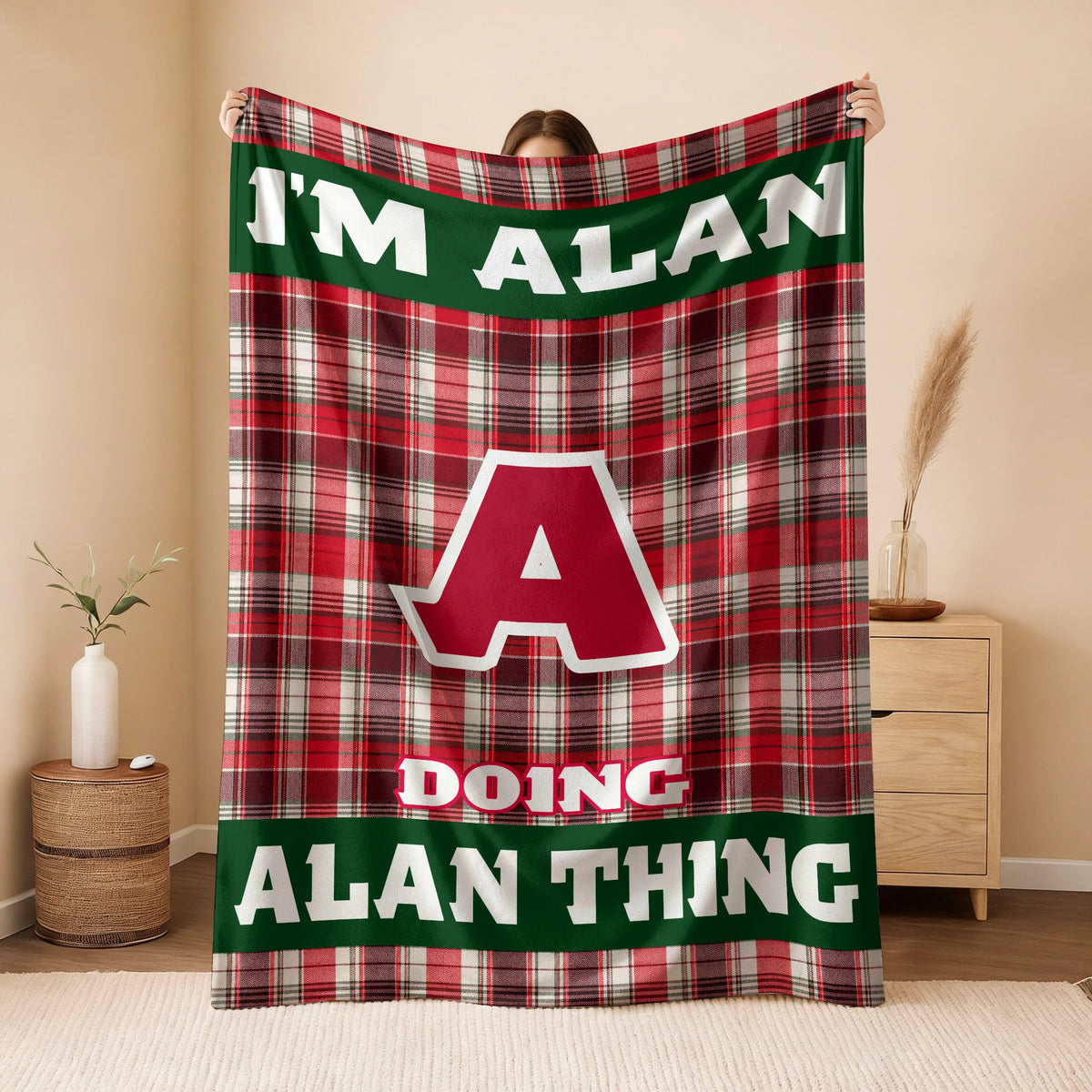 I'm Name Doing Name Things Red Plaid Fleece Blanket ALAN 13K1 BK49