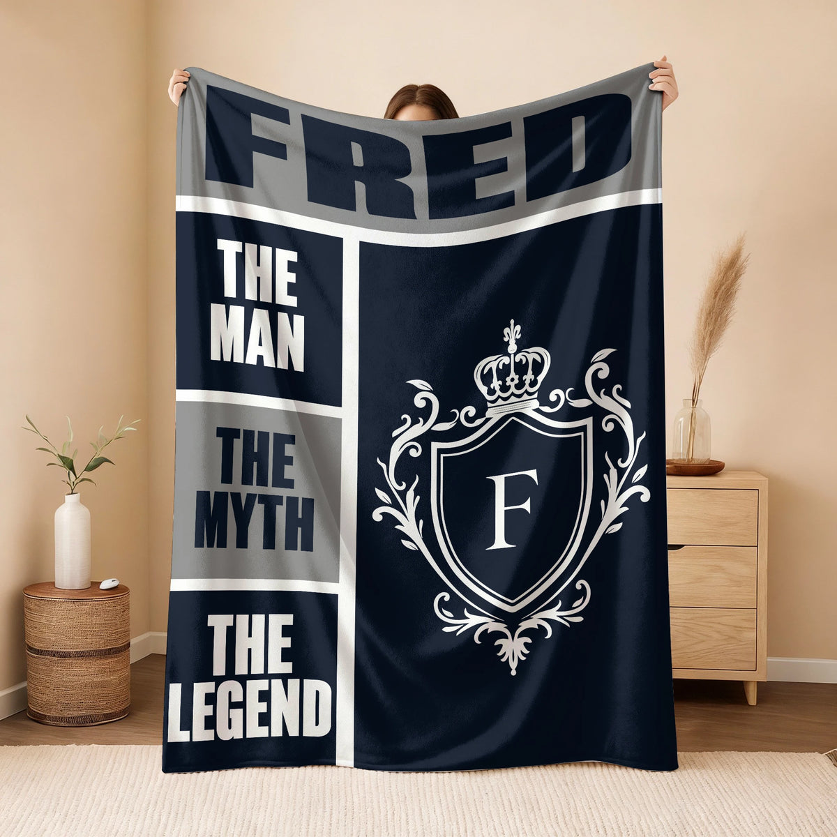 The Man The Myth The Legend Navy Gray & Gold Fleece Blanket  FRED 13K1 BK09