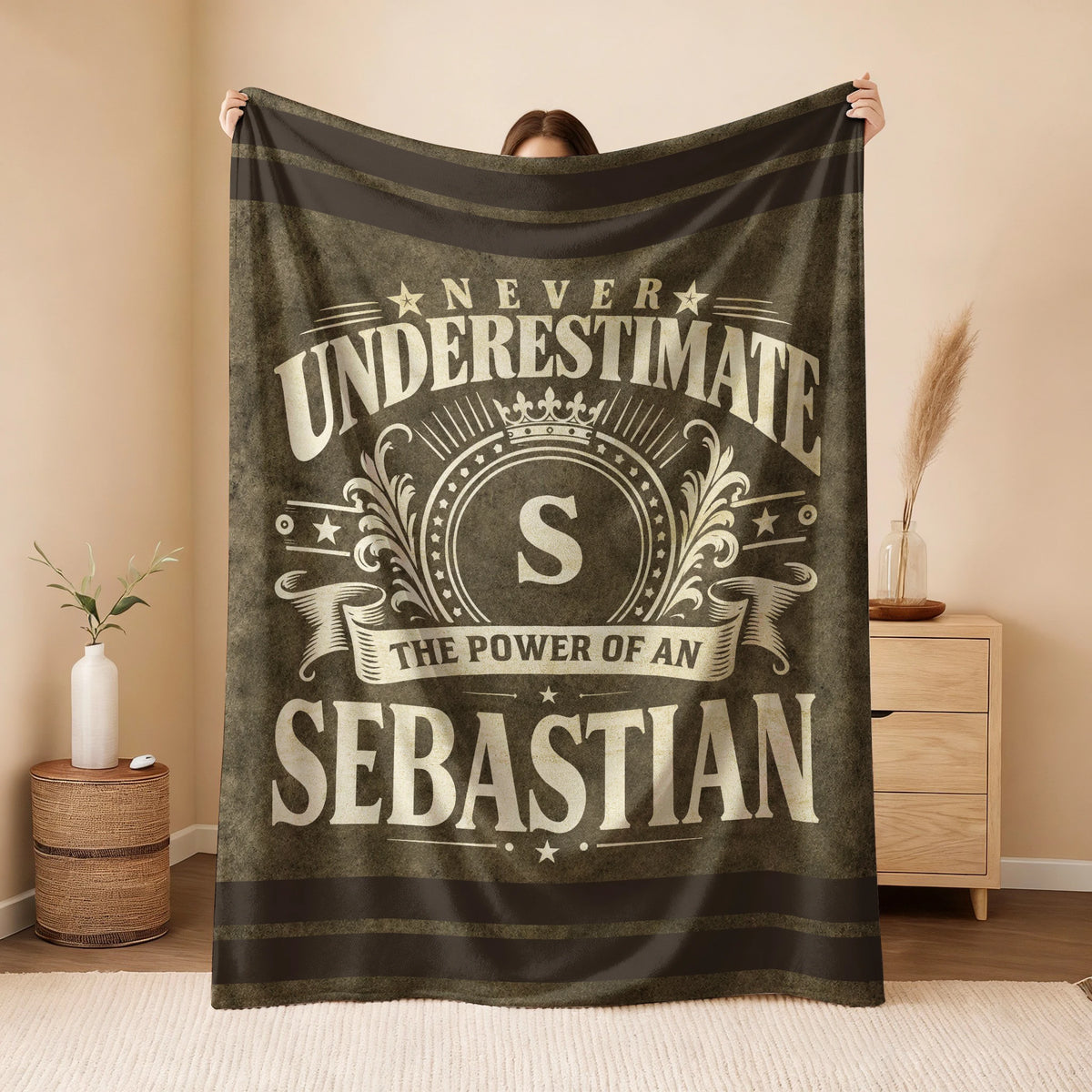 Never Underestimate The Power Of A Name Olive Green Army Fleece Blanket SEBASTIAN 13K1 BK46