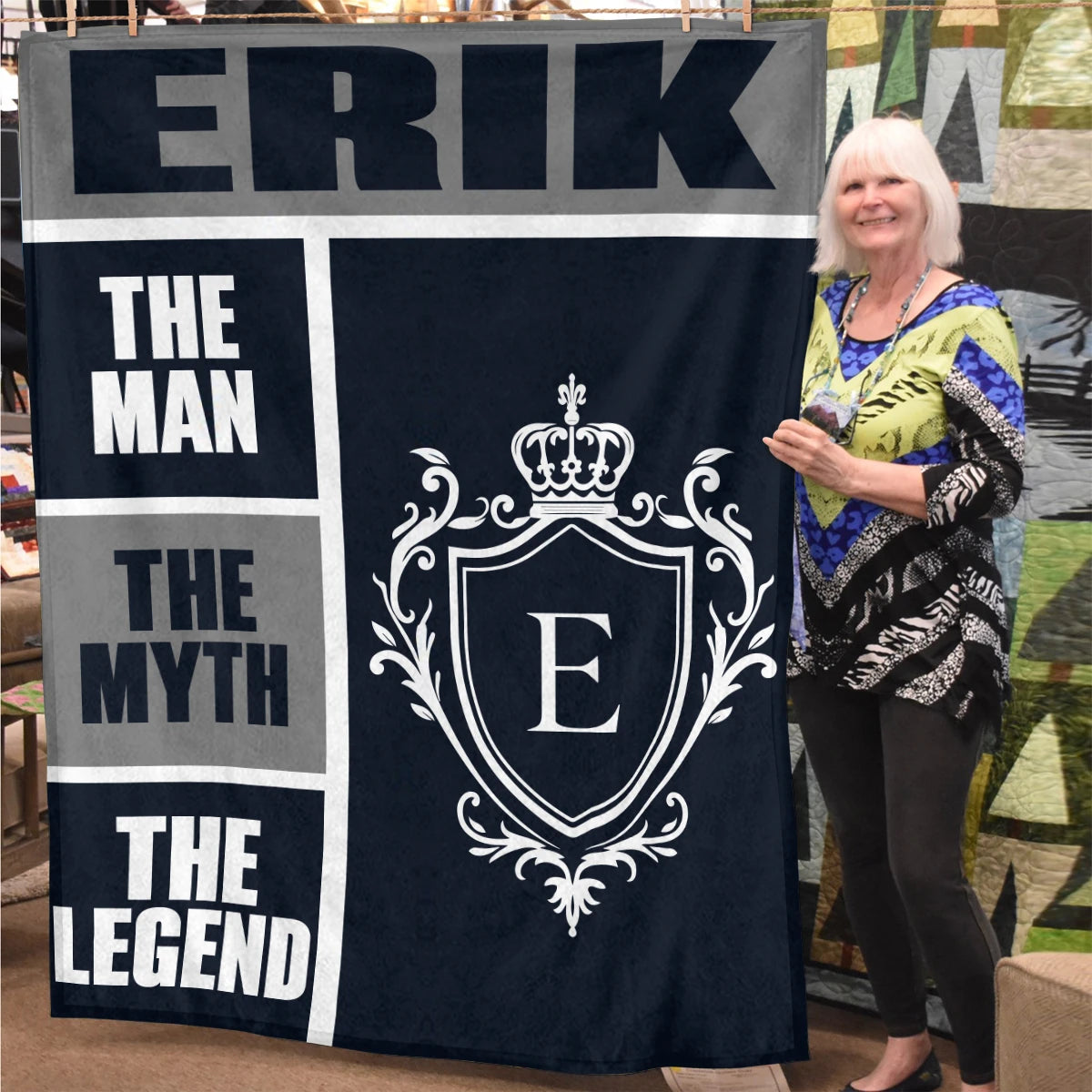 The Man The Myth The Legend Navy Gray & Gold Fleece Blanket  ERIK 13K1 BK09