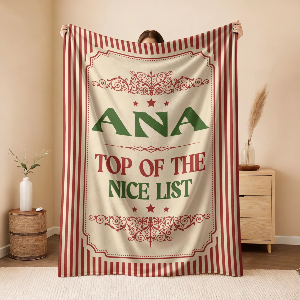 Your Name Nice List Red Striped Christmas Fleece Blanket ANA 13K1 BK60