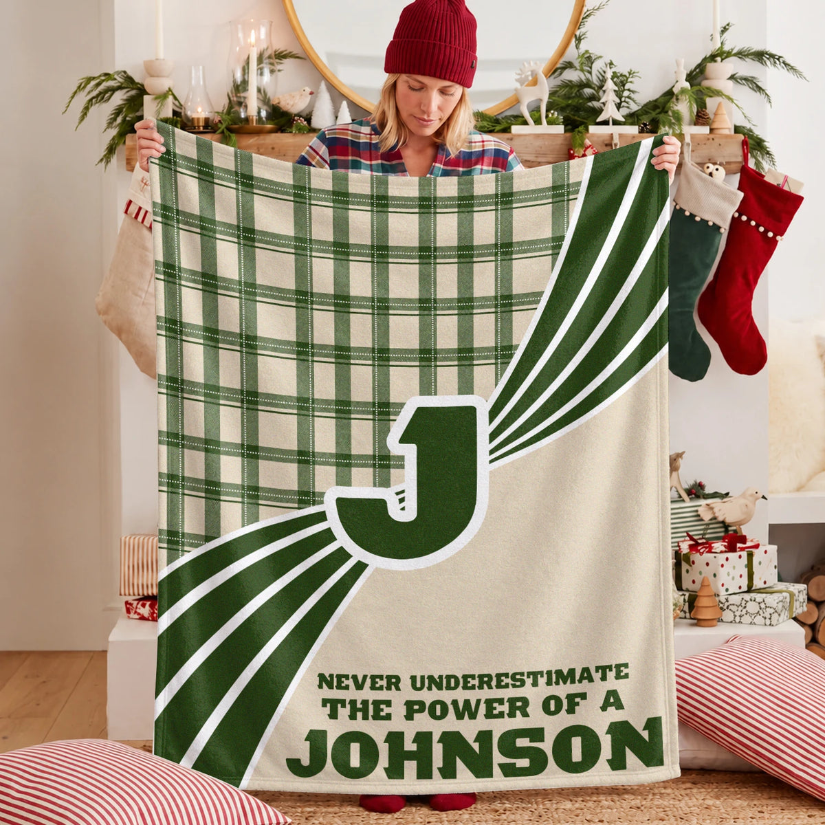 Never Underestimate Your Name Green & Cream Plaid Fleece Blanket JOHNSON 13K1 BK50