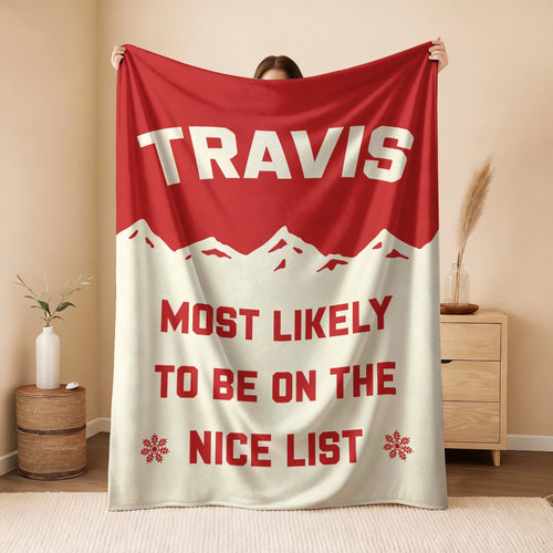 Most Likely on the Nice List Red Vintage Christmas Fleece Blanket TRAVIS 13K1 BK63