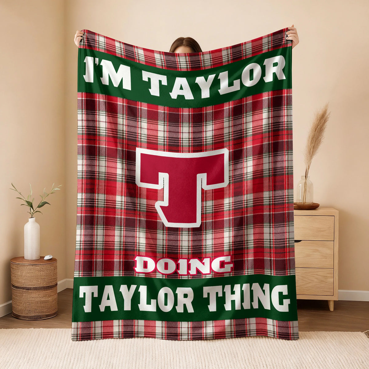 I'm Name Doing Name Things Red Plaid Fleece Blanket TAYLOR 13K1 BK49