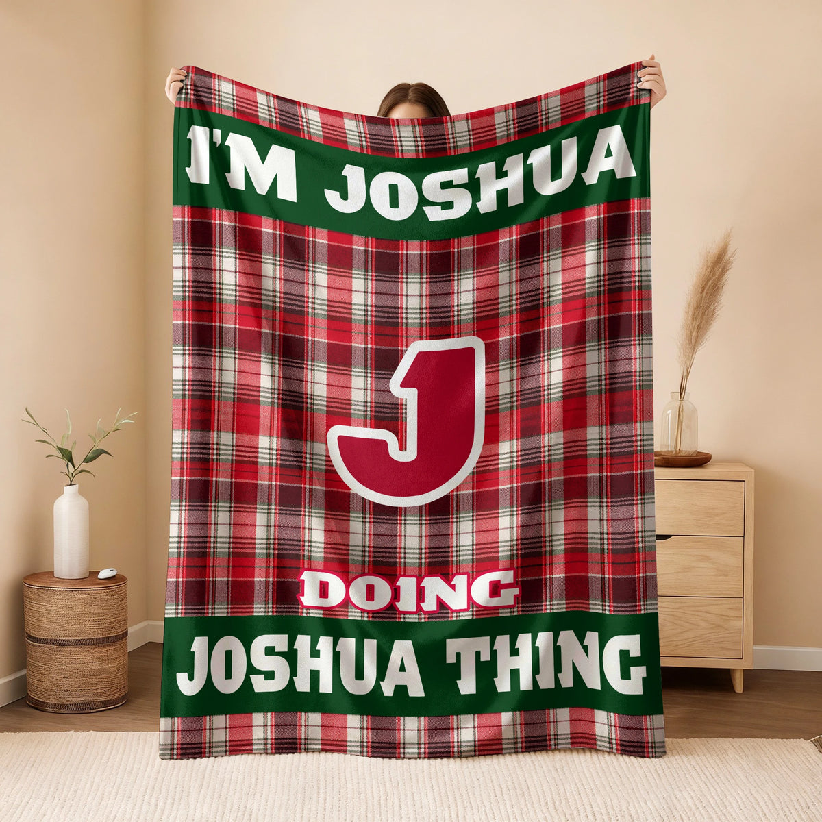 I'm Name Doing Name Things Red Plaid Fleece Blanket JOSHUA 13K1 BK49