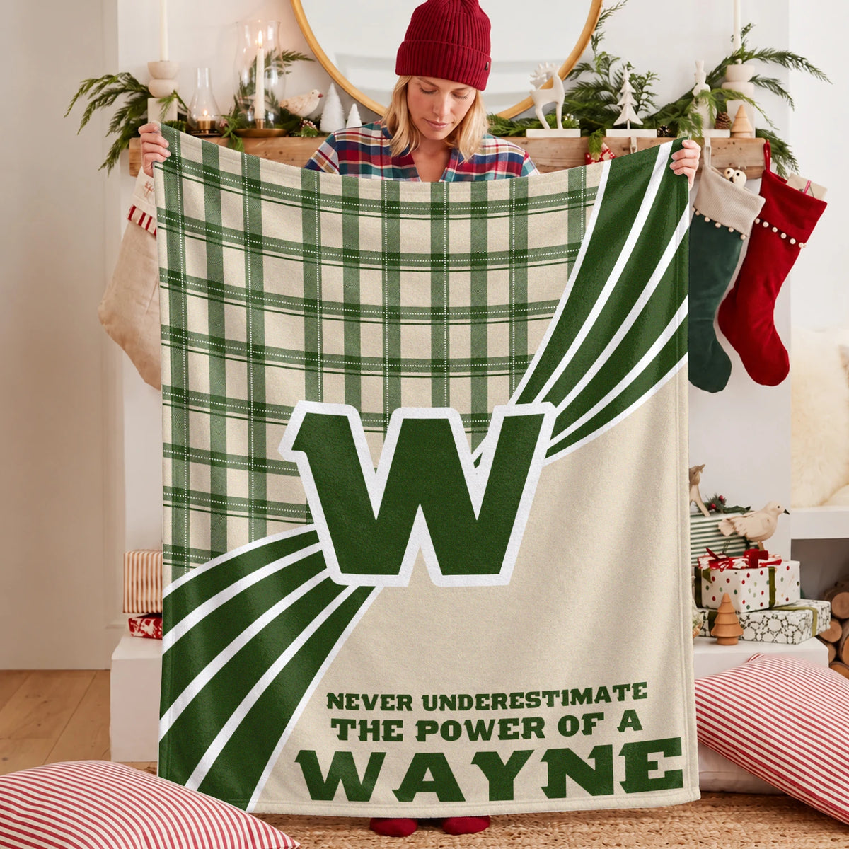 Never Underestimate Your Name Green & Cream Plaid Fleece Blanket WAYNE 13K1 BK50