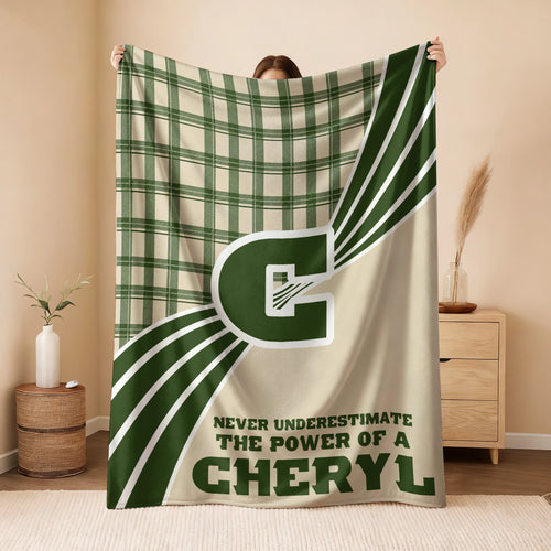 Never Underestimate Your Name Green & Cream Plaid Fleece Blanket CHERYL 13K1 BK50