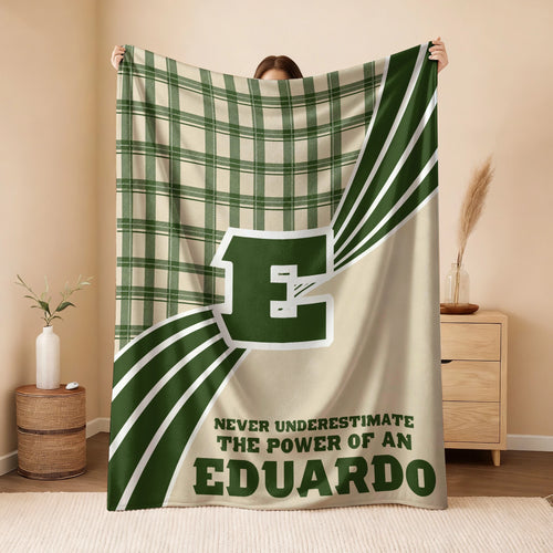 Never Underestimate Your Name Green & Cream Plaid Fleece Blanket EDUARDO 13K1 BK50