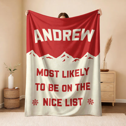 Most Likely on the Nice List Red Vintage Christmas Fleece Blanket ANDREW 13K1 BK63