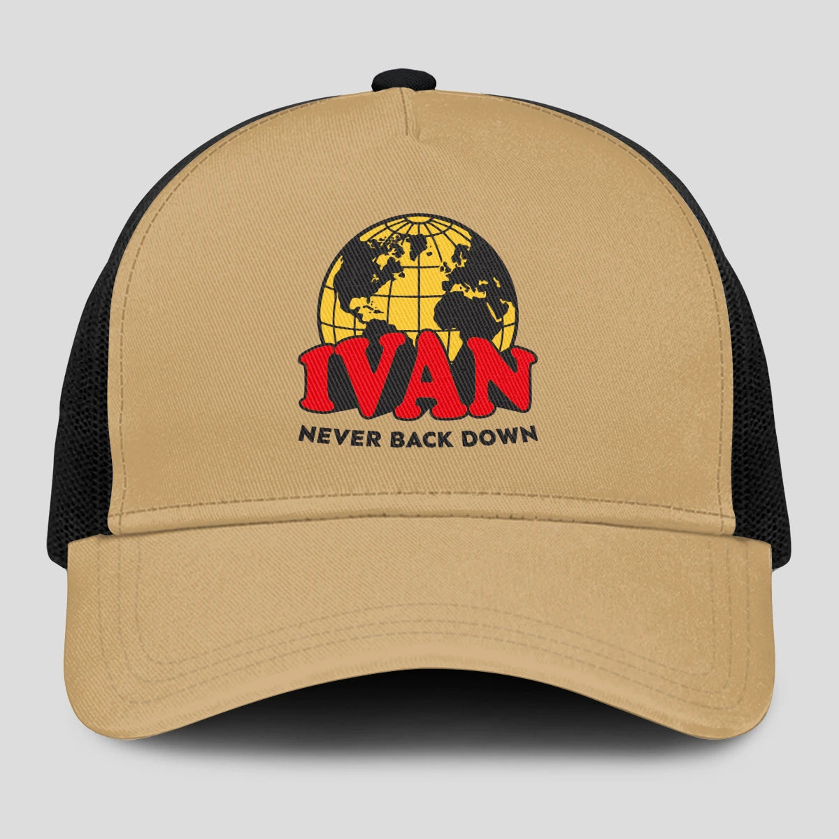 Never Back Down World Logo Khaki Mesh Cap IVAN 13K1 C212PF