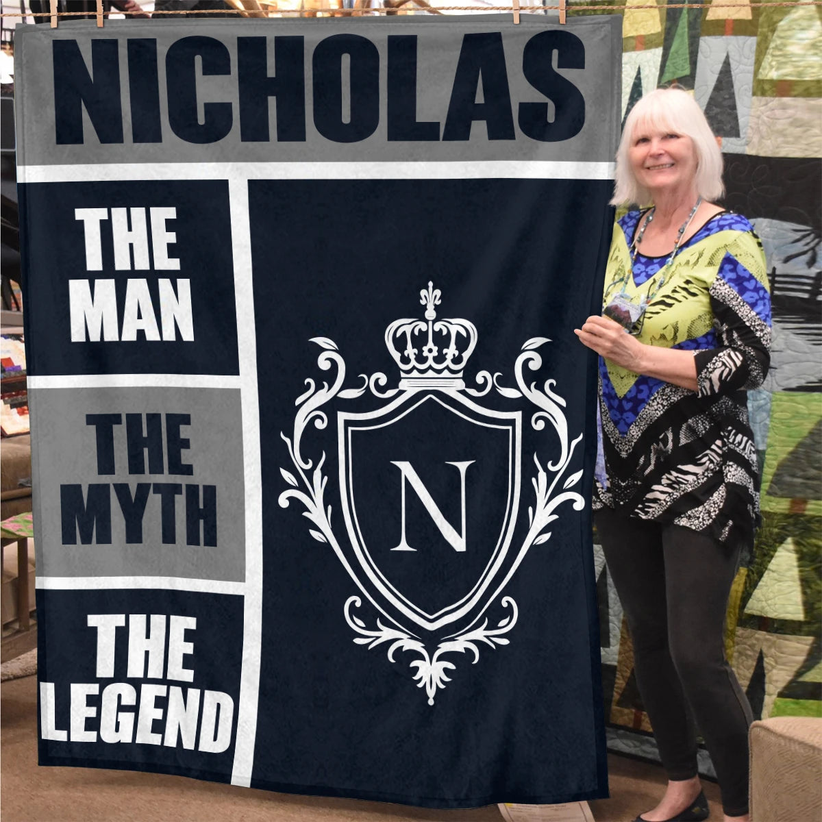 The Man The Myth The Legend Navy Gray & Gold Fleece Blanket  NICHOLAS 13K1 BK09