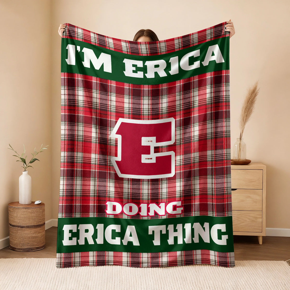 I'm Name Doing Name Things Red Plaid Fleece Blanket ERICA 13K1 BK49