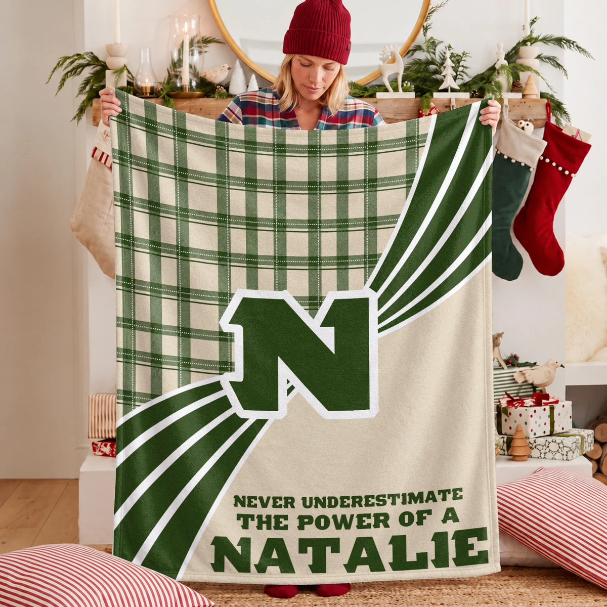 Never Underestimate Your Name Green & Cream Plaid Fleece Blanket NATALIE 13K1 BK50
