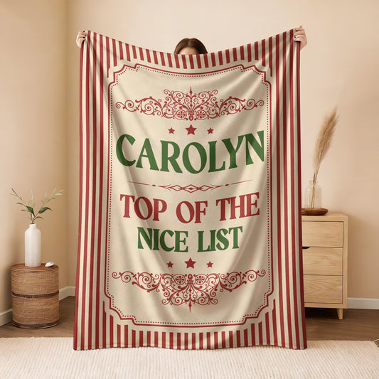 Your Name Nice List Red Striped Christmas Fleece Blanket CAROLYN 13K1 BK60