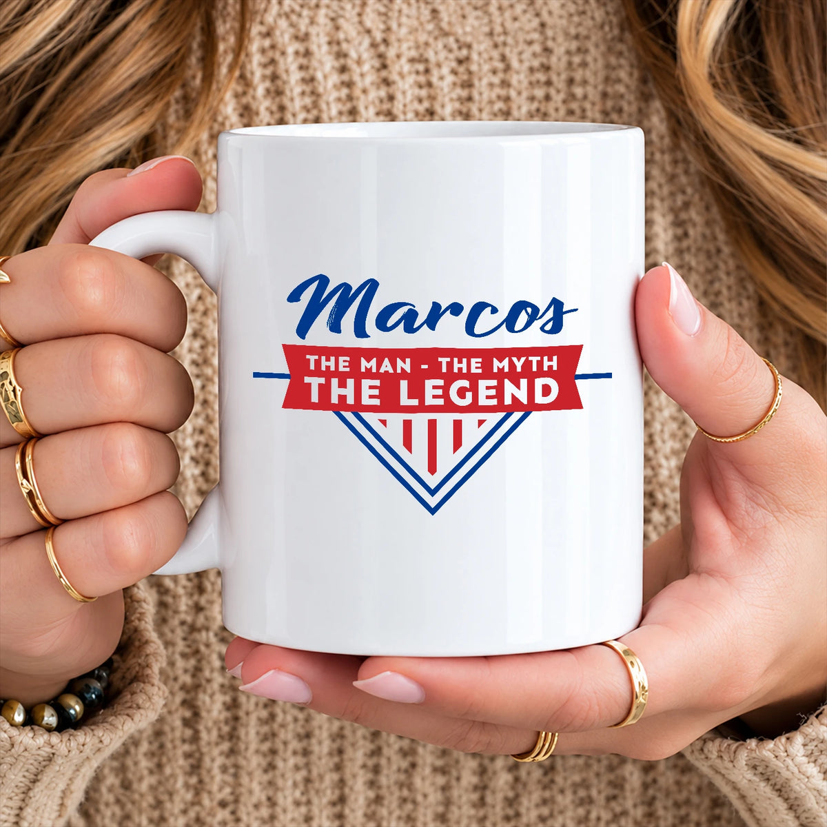 The Man The Myth The Legend Red And Blue Logo Mug MARCOS 13K1 MG34